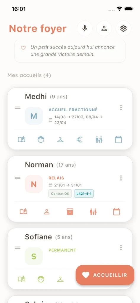 Écran d'accueil Carnet de Bord — Notre foyer, Mes accueils (liste des enfants accueillis)