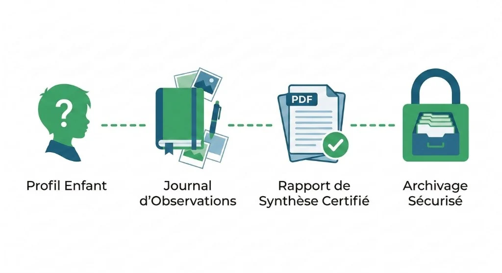 Parcours du suivi : Profil enfant, journal d’observations, rapport de synthèse certifié PDF, archivage sécurisé.