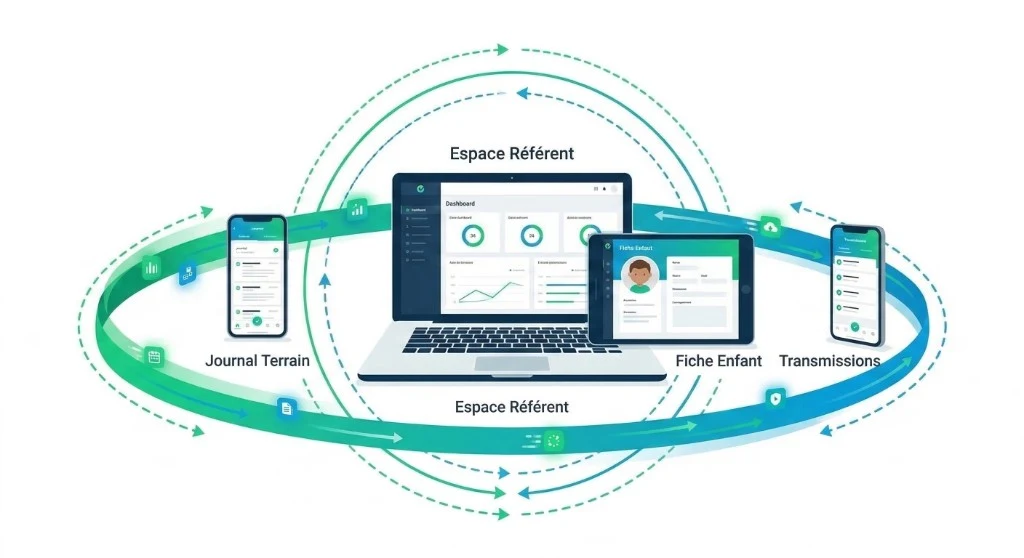 Schéma de collaboration : Espace référent (dashboard), Journal terrain, Fiche enfant, Transmissions — flux de données entre les interfaces.